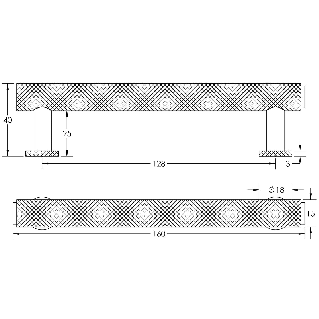 Technical drawing of of Burlington - Piccadilly Knurled Cabinet Handles 128mm Antique Brass Sku. BUR411AB