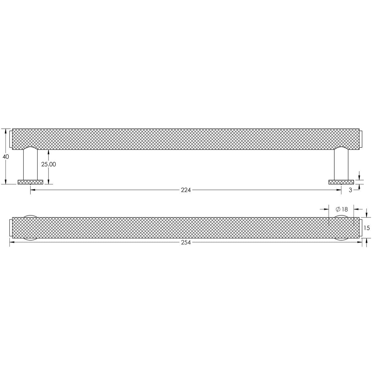 Technical drawing of of Burlington - Piccadilly Knurled Cabinet Handles 224mm Antique Brass Sku. BUR412AB