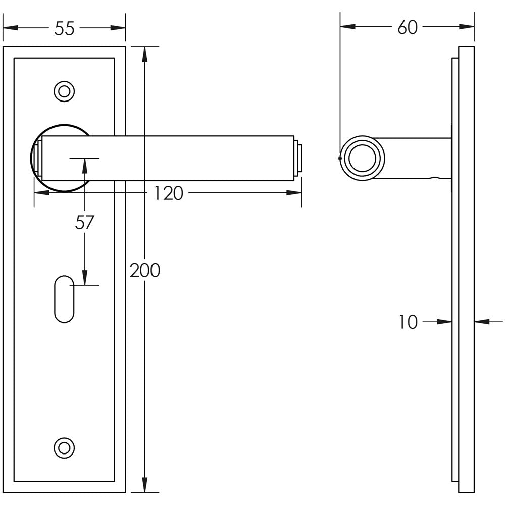 Technical drawing of of Burlington - Highgate Door Handle Lock Backplate Dark Bronze Sku. BUR45KIT87