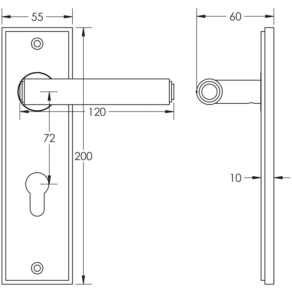 Technical drawing of of Burlington - Richmond Door Handle Din Euro Backplate Satin Brass Sku. BUR45KIT246