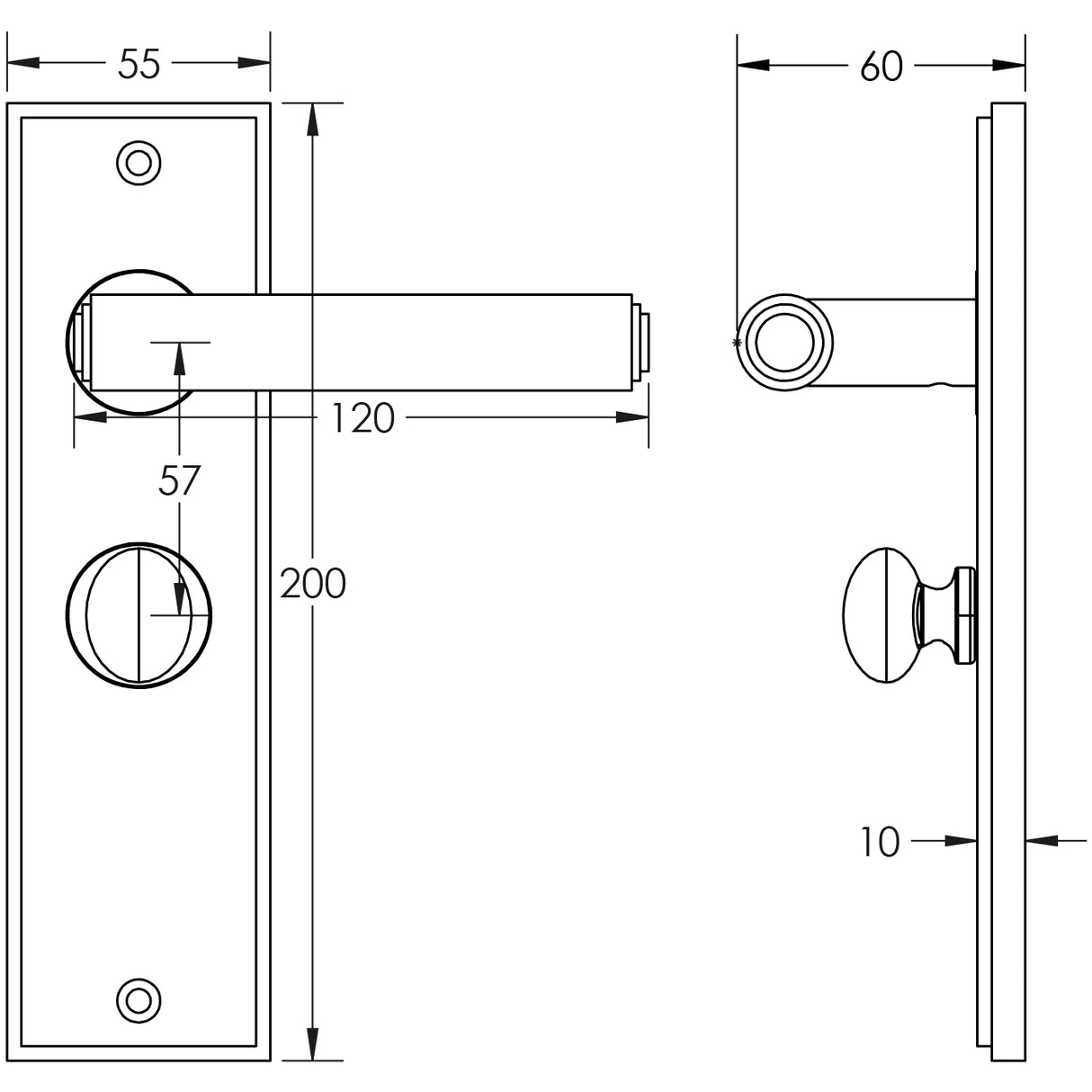 Technical drawing of of Burlington - Richmond Door Handle Bathroom Backplate Satin Nickel & Turn & Release Sku. BUR-45SN-453SN-80SN