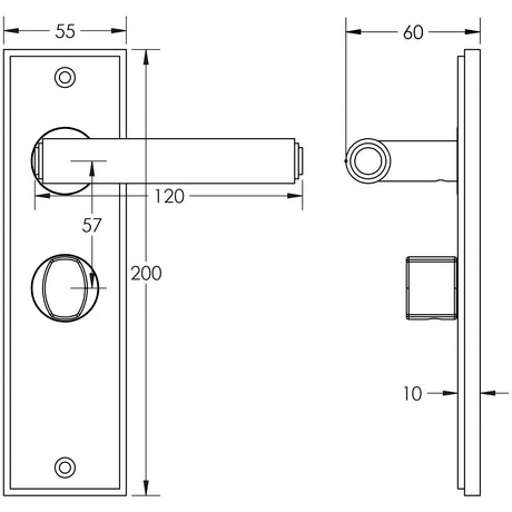 Technical drawing of of Burlington - Richmond Door Handle Bathroom Backplate Polished Nickel & Turn & Release Sku. BUR-45PN-453PN-81PN