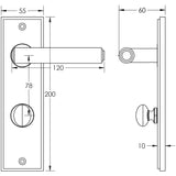 Technical drawing of of Burlington - Richmond Door Handle Din Bathroom Backplate Satin Nickel & Turn & Release Sku. BUR-45SN-456SN-80SN