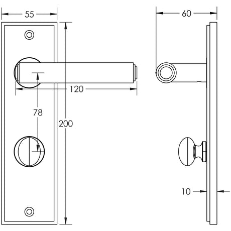 Technical drawing of of Burlington - Richmond Door Handle Din Bathroom Backplate Dark Bronze & Turn & Release Sku. BUR-45DB-456DB-80DB