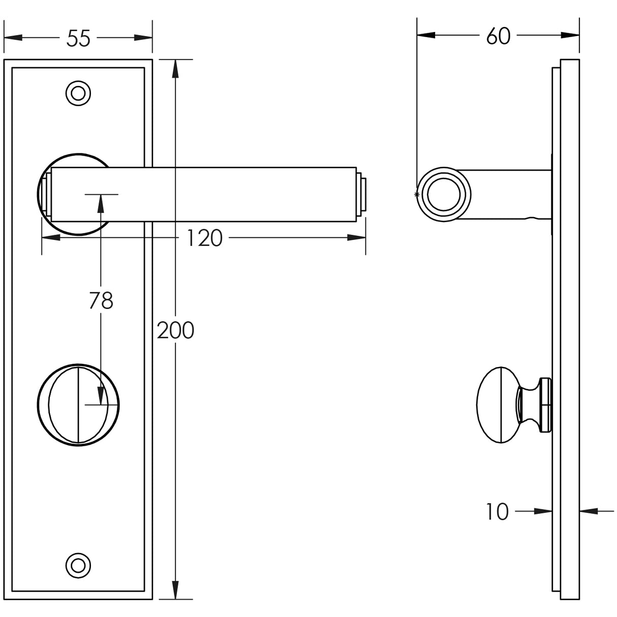 Technical drawing of of Burlington - Richmond Door Handle Din Bathroom Backplate Antique Brass & Turn & Release Sku. BUR-45AB-456AB-80AB