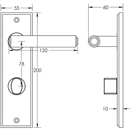 Technical drawing of of Burlington - Richmond Door Handle Din Bathroom Backplate Dark Bronze & Turn & Release Sku. BUR-45DB-456DB-81DB