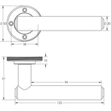 Technical drawing of of Burlington - Richmond Satin Brass Lever on Rose Door Handles - Roses Sold Separately Sku. BUR45SB