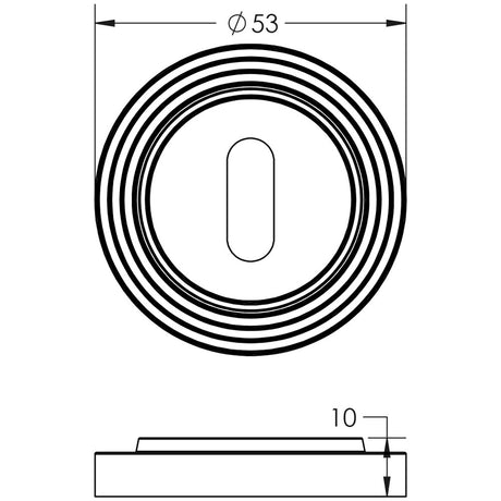 Technical drawing of of Burlington - Standard Keyway Escutcheons Reeded Rose Satin Brass Sku. BUR-60SB-74SB