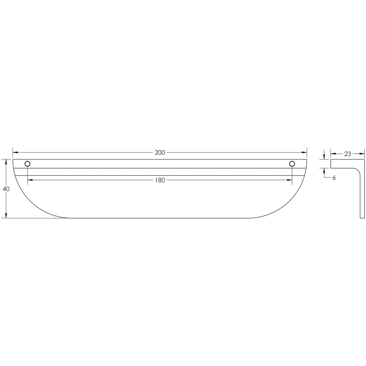 Technical drawing of of Burlington - 200mm Satin Nickel Half Moon Cabinet Handle Sku. BUR611SN