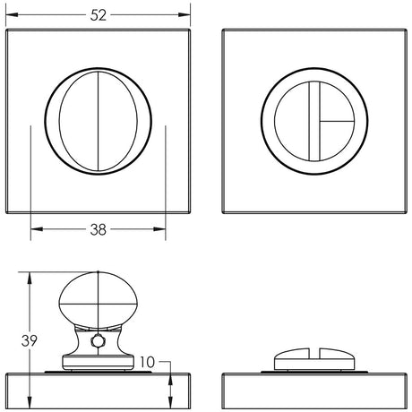Technical drawing of of Burlington - Turns & Releases Inner 1 Square Plain Rose Satin Brass Sku. BUR-80SB-150SB