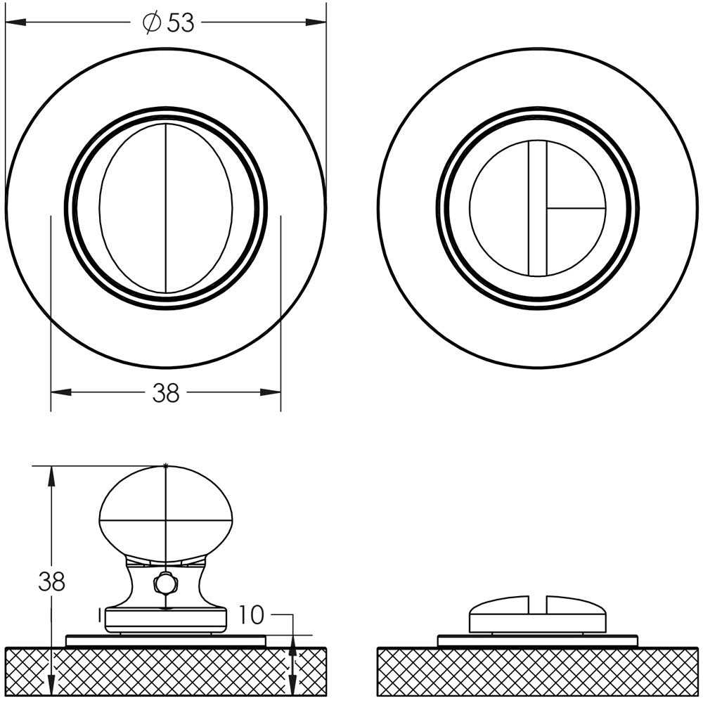 Technical drawing of of Burlington - Turns & Releases Inner 1 Knurled Rose Satin Brass Sku. BUR-80SB-55SB
