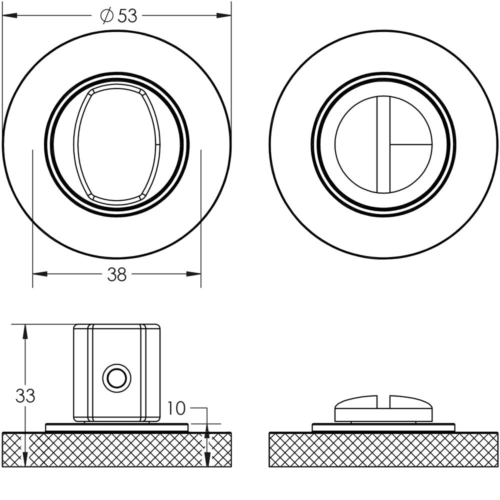 Technical drawing of of Burlington - Turns & Releases Inner 3 Knurled Rose Satin Nickel Sku. BUR-81SN-55SN