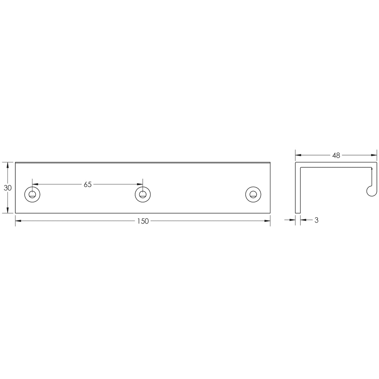 Technical drawing of of Burlington - 150mm Antique Brass Angled Edge Pull Sku. BUR911AB