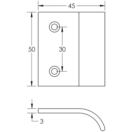 Technical drawing of of Burlington - 50mm Satin Brass Curved Edged Pull Sku. BUR920SB