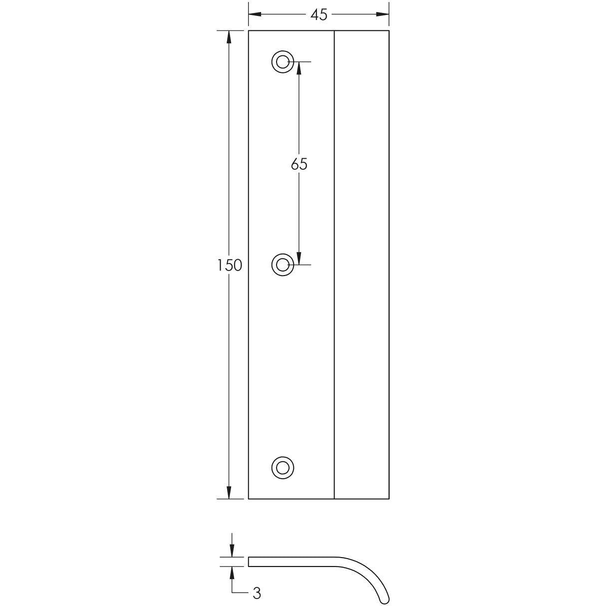 Technical drawing of of Burlington - 150mm Satin Brass Curved Edge Pull Sku. BUR921SB