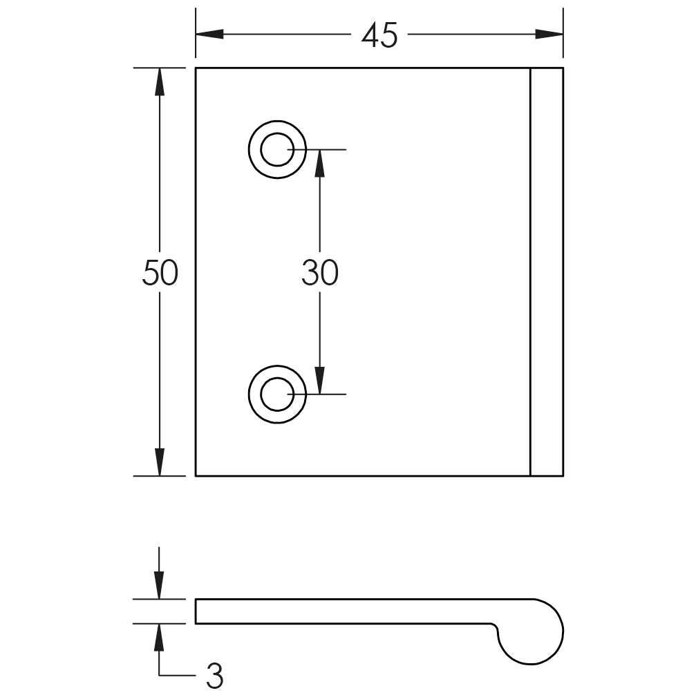 Technical drawing of of Burlington - 50mm Antique Brass Flat Edge Pull Sku. BUR930AB