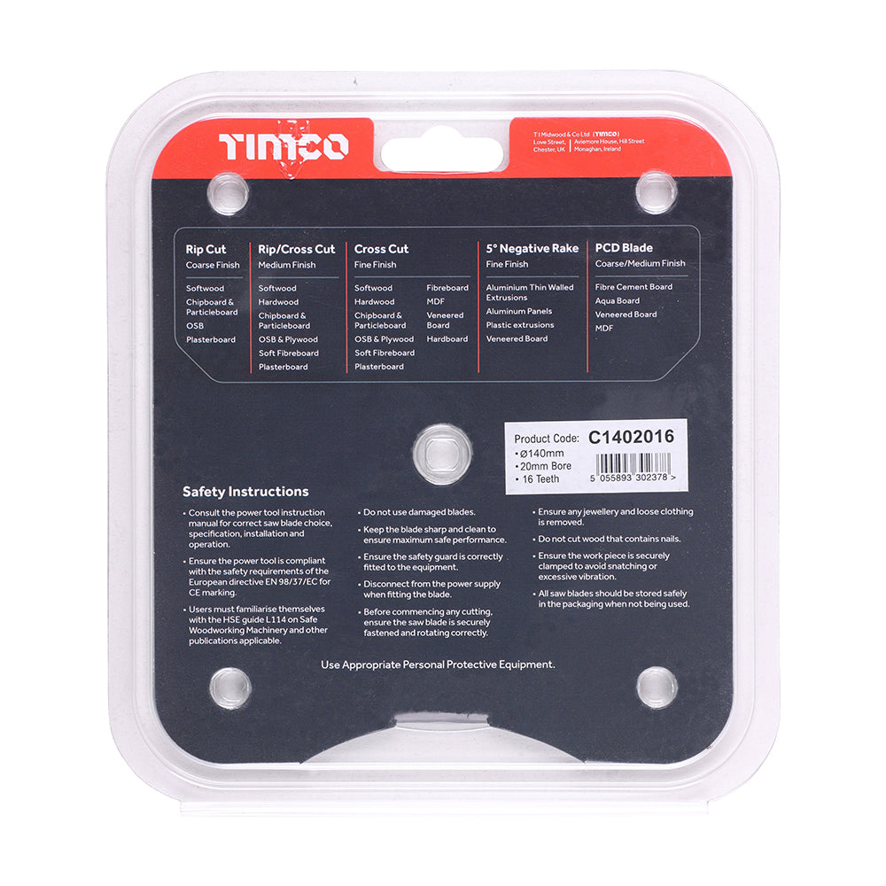 This is an image of Timco - Circular Saw Blade - General Purpose - Coarse/Medium 140 x 20 x 16T (1 Each Clamshell) C1402016