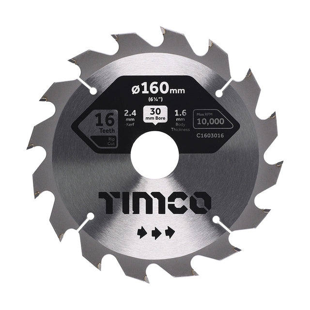 This is an image of Timco - Circular Saw Blade - General Purpose - Coarse/Medium 160 x 30 x 16T (1 Each Clamshell) C1603016