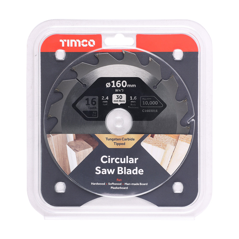 This is an image of Timco - Circular Saw Blade - General Purpose - Coarse/Medium 160 x 30 x 16T (1 Each Clamshell) C1603016
