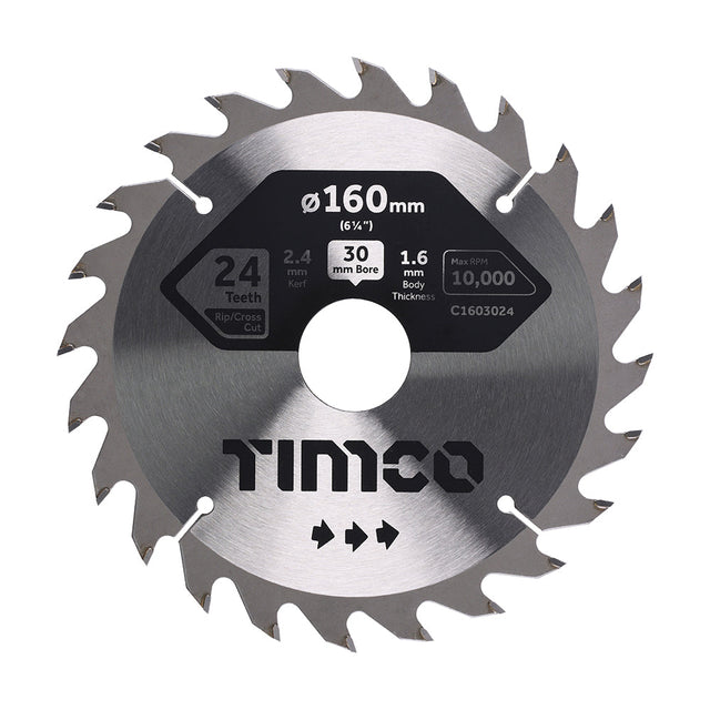 This is an image of Timco - Circular Saw Blade - Combination - Medium 160 x 30 x 24T (1 Each Clamshell) C1603024