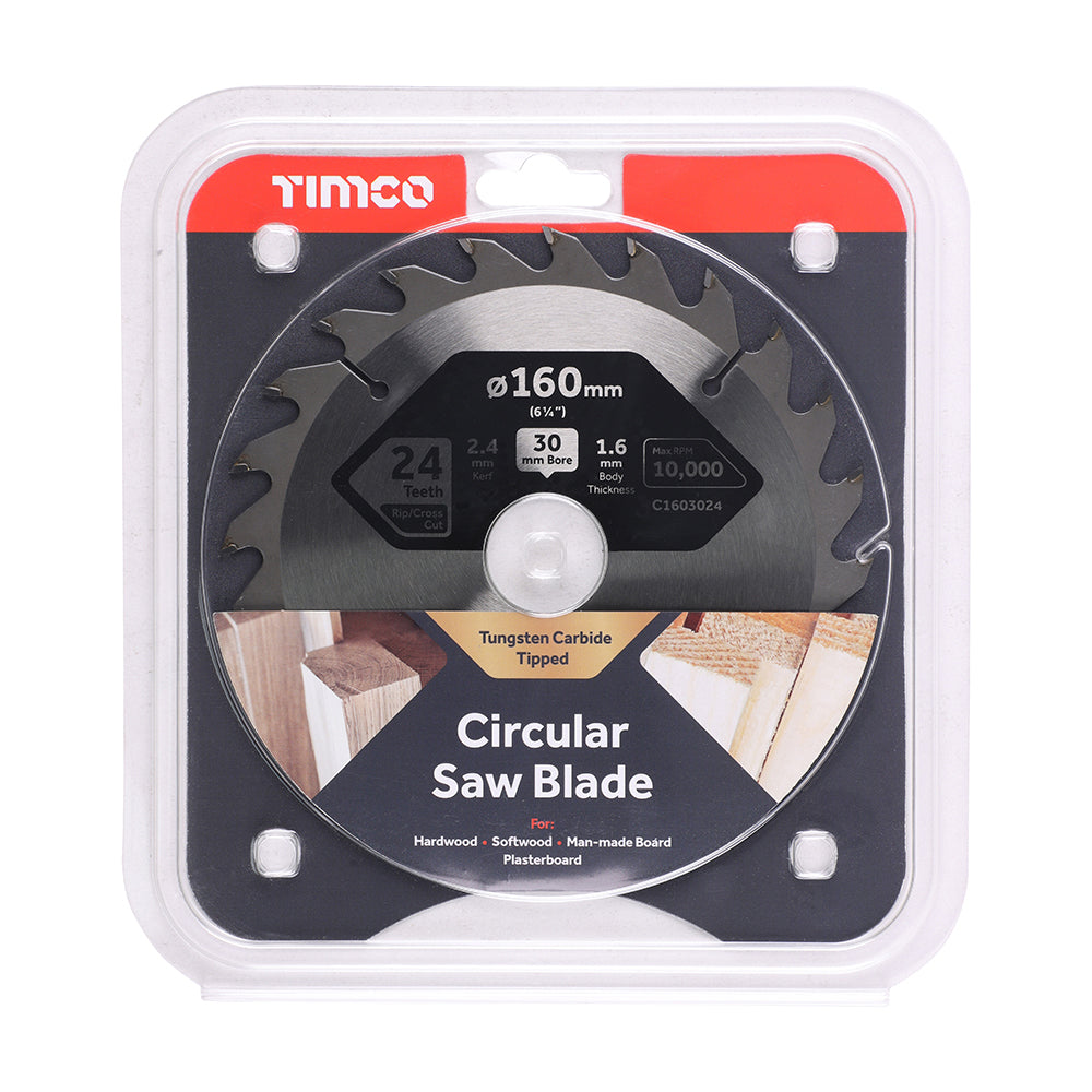 This is an image of Timco - Circular Saw Blade - Combination - Medium 160 x 30 x 24T (1 Each Clamshell) C1603024