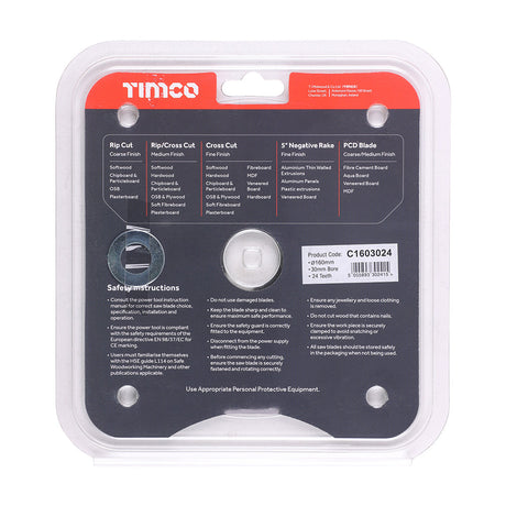 This is an image of Timco - Circular Saw Blade - Combination - Medium 160 x 30 x 24T (1 Each Clamshell) C1603024