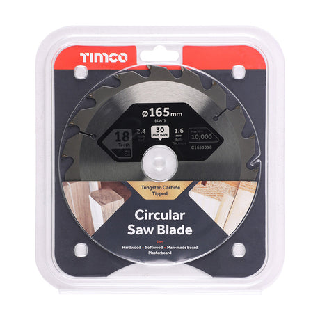 This is an image of Timco - Circular Saw Blade - Combination - Medium 165 x 30 x 18T (1 Each Clamshell) C1653018