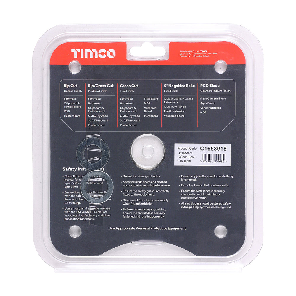 This is an image of Timco - Circular Saw Blade - Combination - Medium 165 x 30 x 18T (1 Each Clamshell) C1653018