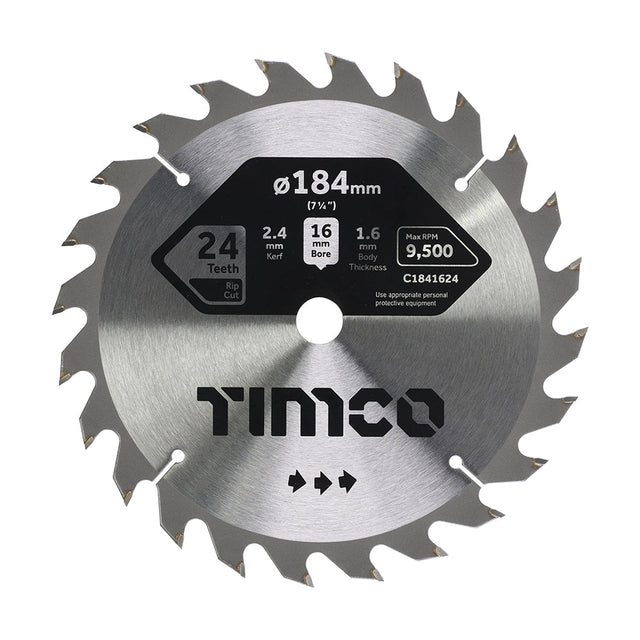 This is an image of Timco - Circular Saw Blade - General Purpose - Coarse/Medium 184 x 16 x 24T (1 Each Clamshell) C1841624