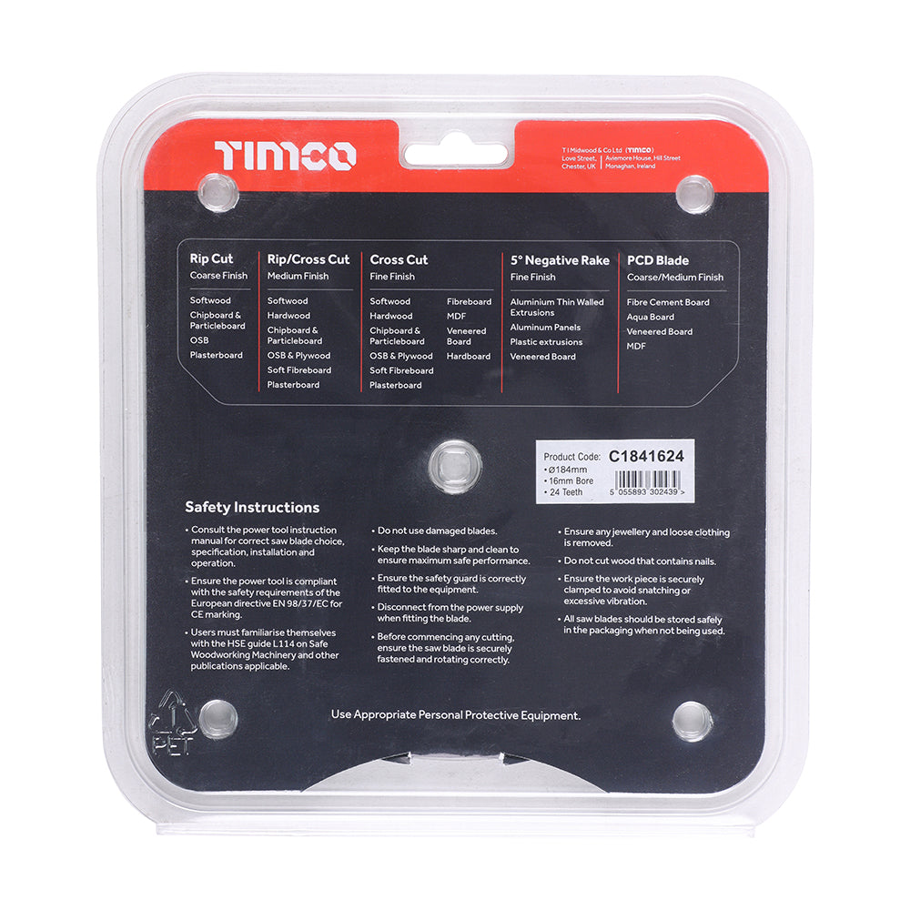 This is an image of Timco - Circular Saw Blade - General Purpose - Coarse/Medium 184 x 16 x 24T (1 Each Clamshell) C1841624