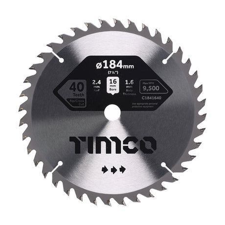 This is an image of Timco - Circular Saw Blade - Trimming/Crosscut - Medium/Fine 184 x 16 x 40T (1 Each Clamshell) C1841640