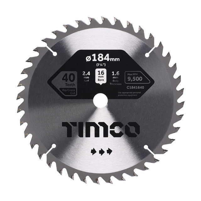 This is an image of Timco - Circular Saw Blade - Trimming/Crosscut - Medium/Fine 184 x 16 x 40T (1 Each Clamshell) C1841640