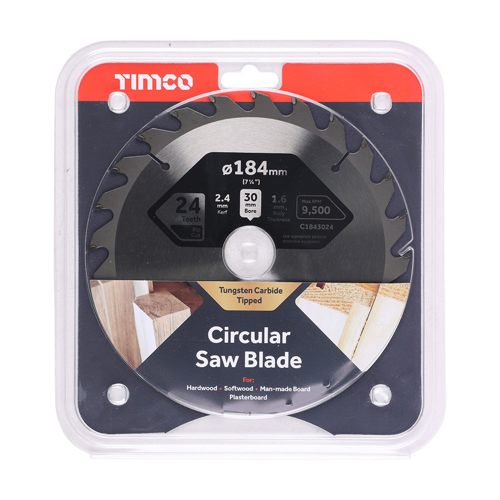 This is an image of Timco - Circular Saw Blade - General Purpose - Coarse/Medium 184 x 30 x 24T (1 Each Clamshell) C1843024