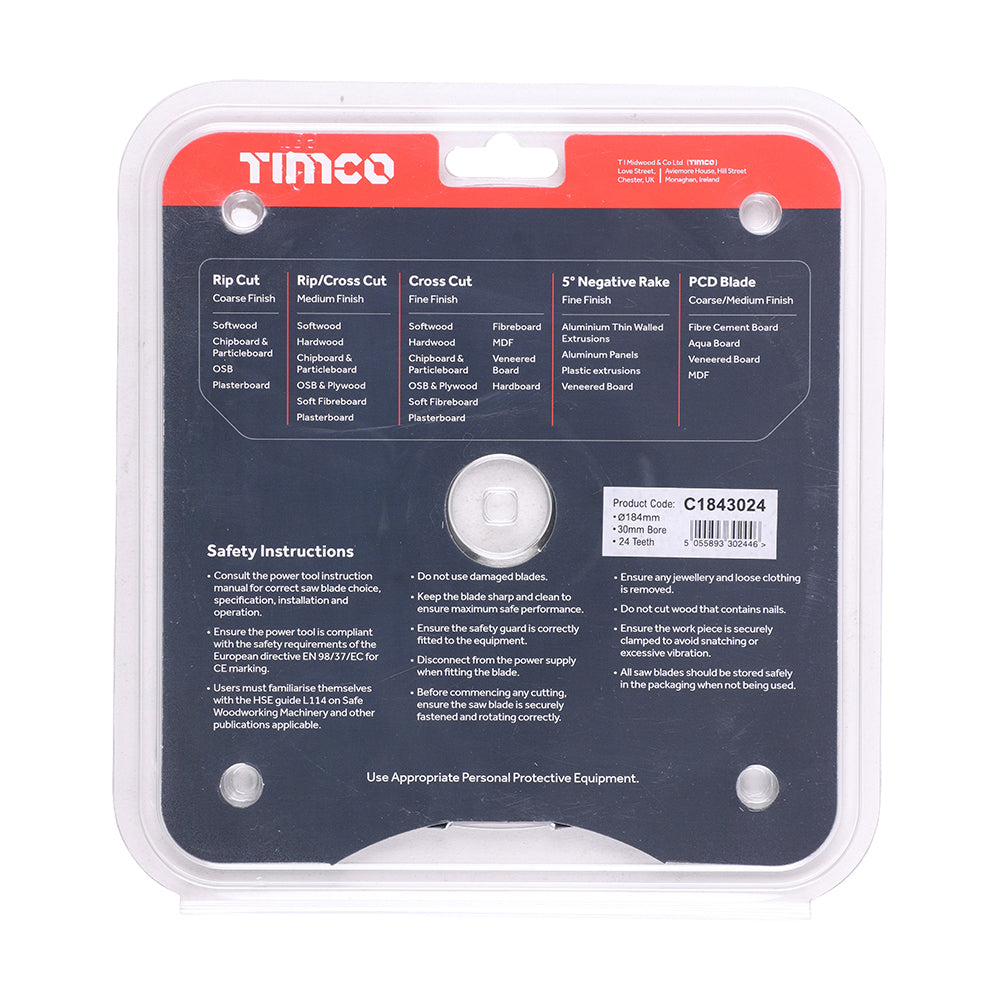 This is an image of Timco - Circular Saw Blade - General Purpose - Coarse/Medium 184 x 30 x 24T (1 Each Clamshell) C1843024