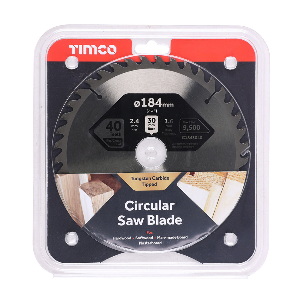 This is an image of Timco - Circular Saw Blade - Trimming/Crosscut - Medium/Fine 184 x 30 x 40T (1 Each Clamshell) C1843040