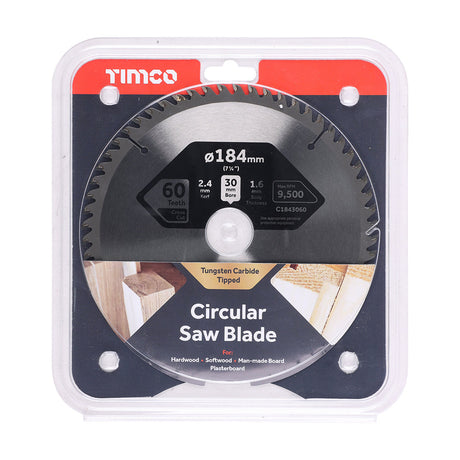 This is an image of Timco - Circular Saw Blade - Fine Trim/Finishing - Extra Fine 184 x 30 x 60T (1 Each Clamshell) C1843060