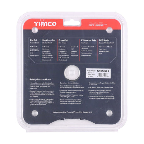 This is an image of Timco - Circular Saw Blade - Fine Trim/Finishing - Extra Fine 184 x 30 x 60T (1 Each Clamshell) C1843060