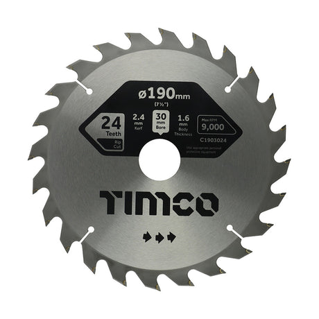 This is an image of Timco - Circular Saw Blade - General Purpose - Coarse/Medium 190 x 30 x 24T (1 Each Clamshell) C1903024