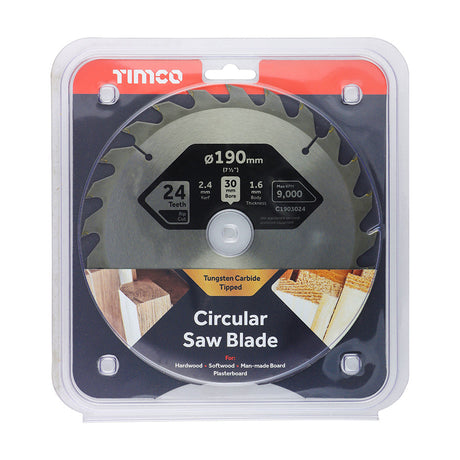 This is an image of Timco - Circular Saw Blade - General Purpose - Coarse/Medium 190 x 30 x 24T (1 Each Clamshell) C1903024