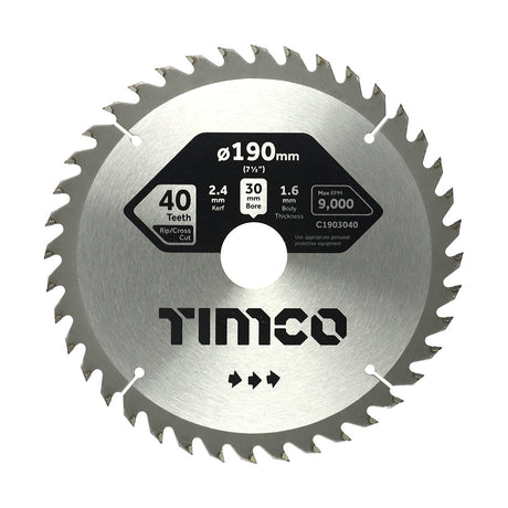 This is an image of Timco - Circular Saw Blade - General Purpose - Coarse/Medium 190 x 30 x 40T (1 Each Clamshell) C1903040