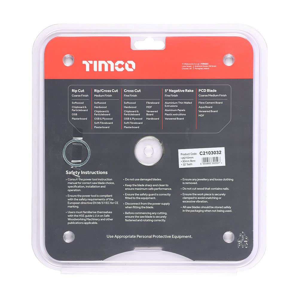 This is an image of Timco - Circular Saw Blade - General Purpose - Coarse/Medium 210 x 30 x 32T (1 Each Clamshell) C2103032