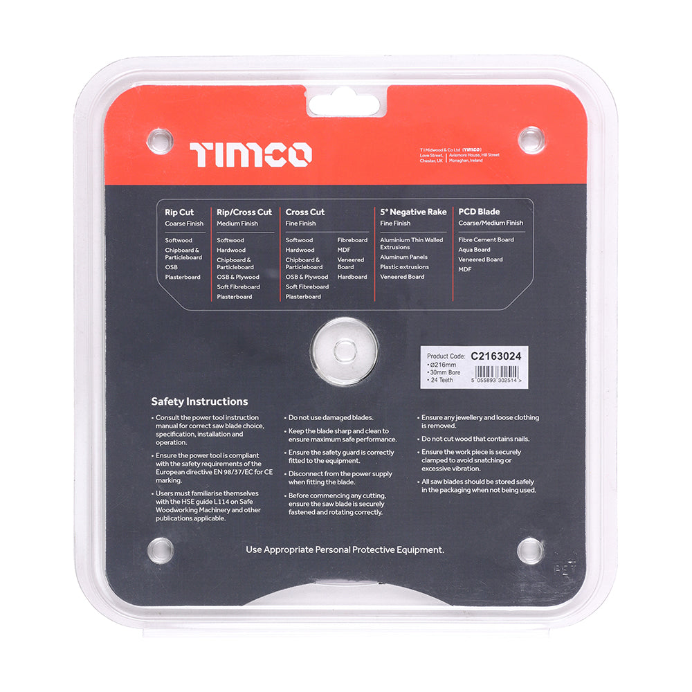This is an image of Timco - Circular Saw Blade - General Purpose - Coarse/Medium 216 x 30 x 24T (1 Each Clamshell) C2163024
