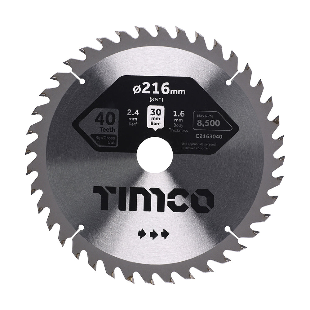 This is an image of Timco - Circular Saw Blade - Trimming/Crosscut - Medium/Fine 216 x 30 x 40T (1 Each Clamshell) C2163040