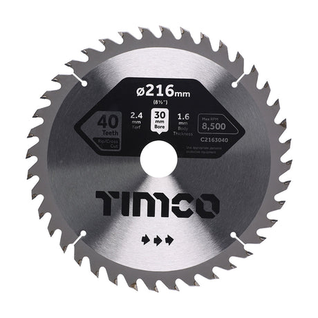 This is an image of Timco - Circular Saw Blade - Trimming/Crosscut - Medium/Fine 216 x 30 x 40T (1 Each Clamshell) C2163040