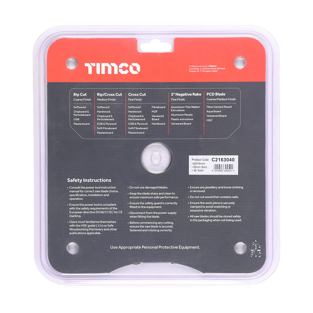 This is an image of Timco - Circular Saw Blade - Trimming/Crosscut - Medium/Fine 216 x 30 x 40T (1 Each Clamshell) C2163040