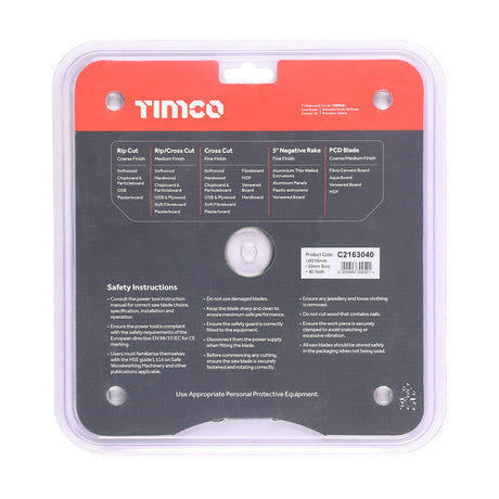 This is an image of Timco - Circular Saw Blade - Trimming/Crosscut - Medium/Fine 216 x 30 x 40T (1 Each Clamshell) C2163040