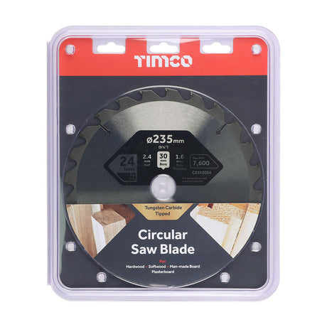 This is an image of Timco - Circular Saw Blade - General Purpose - Coarse/Medium 235 x 30 x 24T (1 Each Clamshell) C2353024