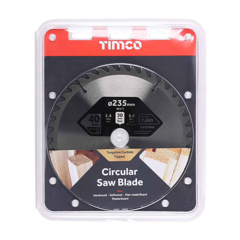 This is an image of Timco - Circular Saw Blade - General Purpose - Coarse/Medium 235 x 30 x 40T (1 Each Clamshell) C2353040