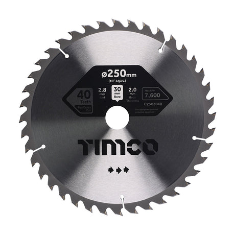 This is an image of Timco - Circular Saw Blade - Combination - Medium 250 x 30 x 40T (1 Each Clamshell) C2503040