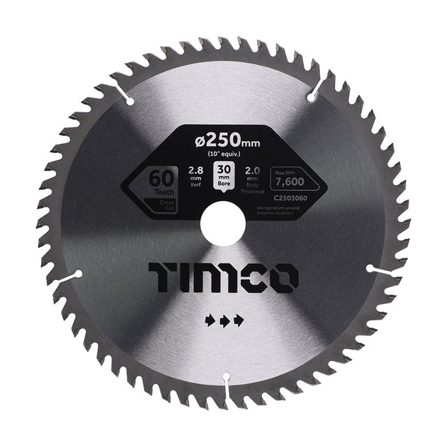 This is an image of Timco - Circular Saw Blade - Trimming/Crosscut - Medium/Fine 250 x 30 x 60T (1 Each Clamshell) C2503060